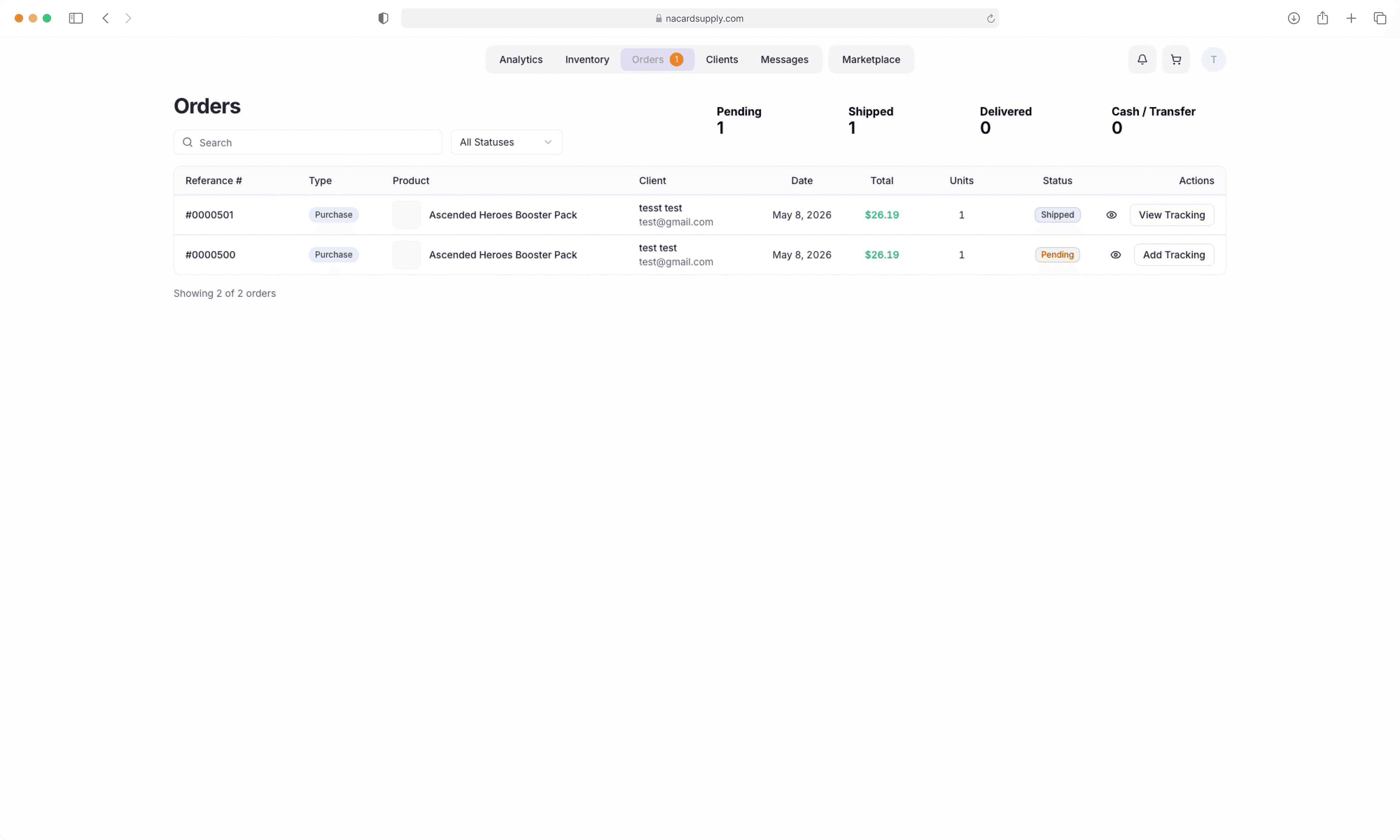 NACardSupply orders dashboard